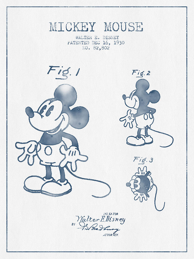 Vintage Digital Art - Mickey Mouse patent from 1930 - Blue Ink by Aged Pixel
