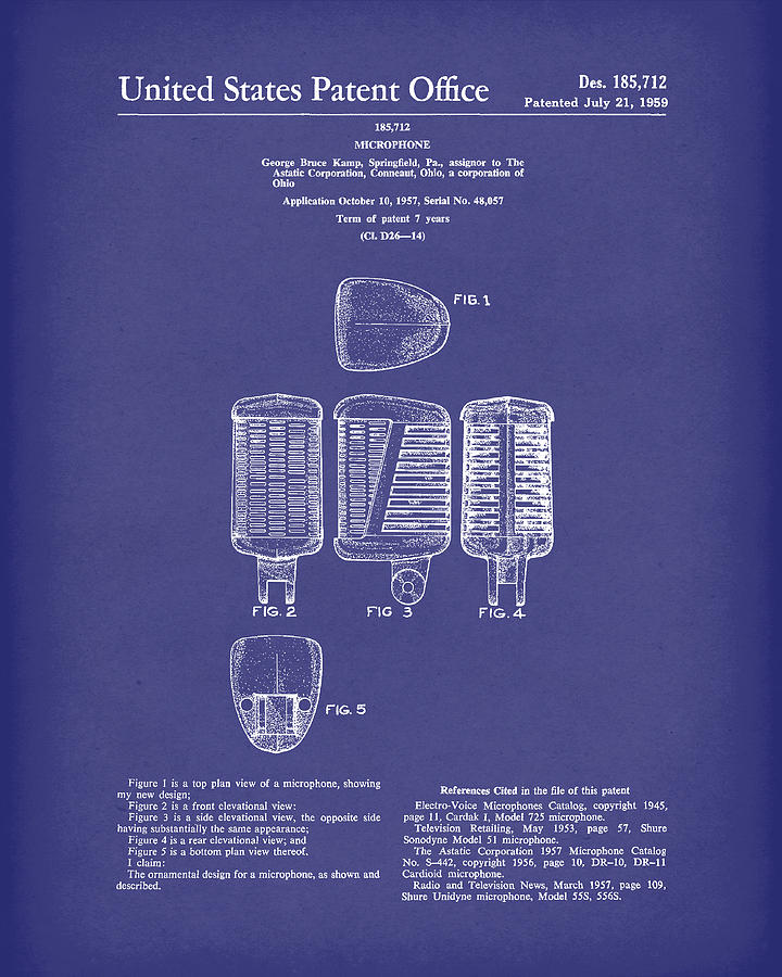 Microphone 1959 Patent Art Blue Drawing by Prior Art Design