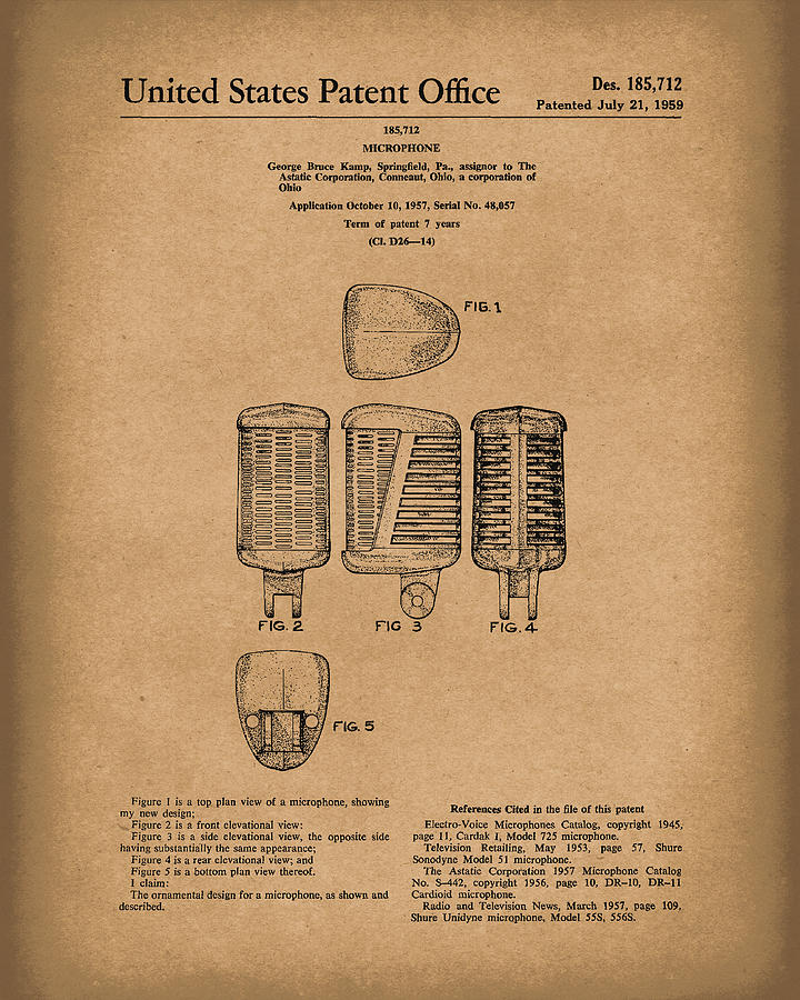 Microphone 1959 Patent Art Brown Drawing by Prior Art Design