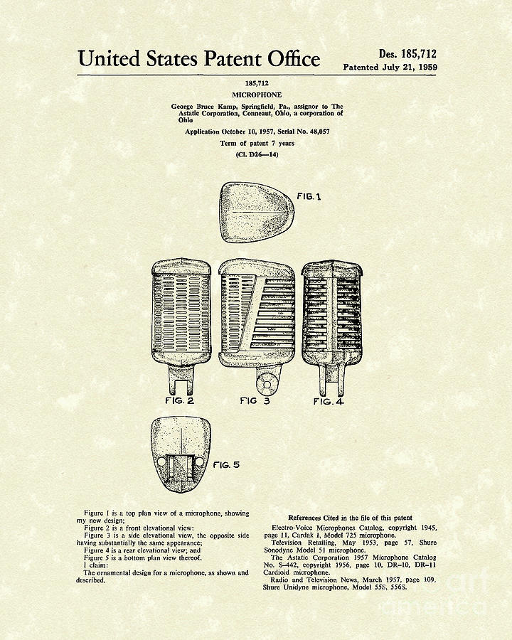 Microphone 1959 Patent Art Drawing by Prior Art Design