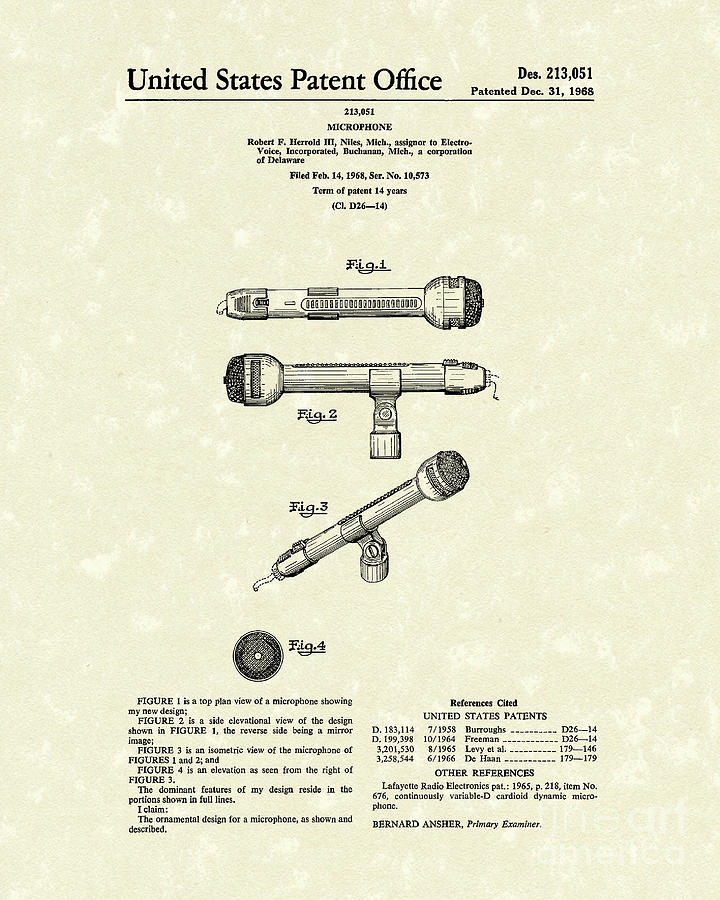 Microphone 1968 Patent Art Drawing by Prior Art Design
