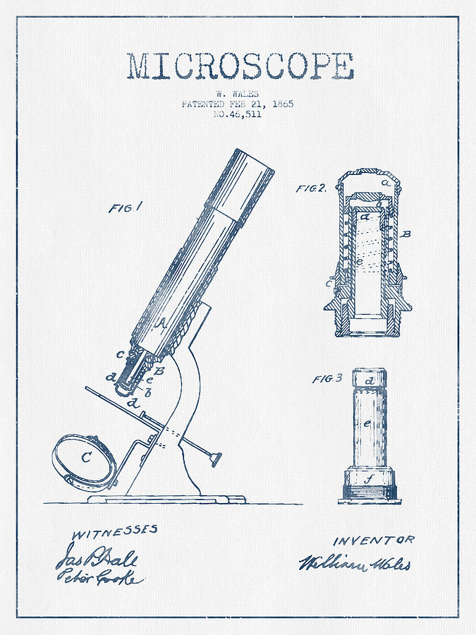 Microscope Patent Drawing From 1865 - Blue Ink Digital Art