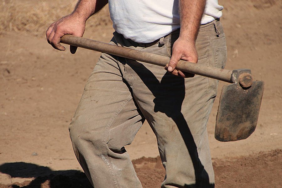 Mid section of a man holding digging hoe Photograph by Nicolevanf