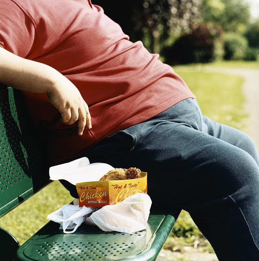 Mid-Section of an Overweight Man Sitting on a Park Bench With Take-Away Food Photograph by Digital Vision.