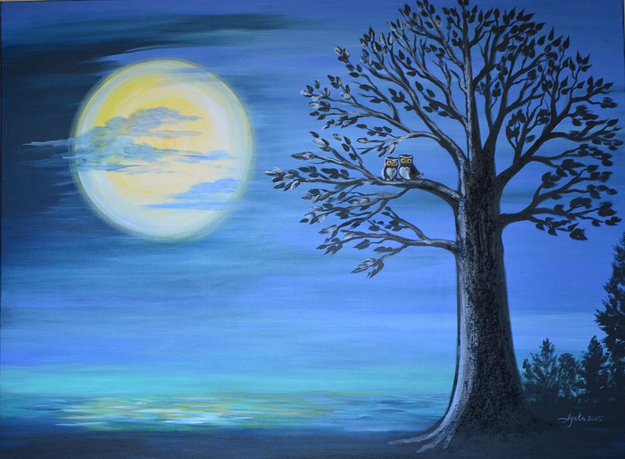 Valentines Day Painting - Midnight Owls by Agata Lindquist