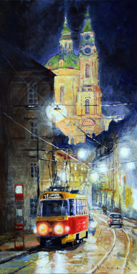 Cityscape Painting - Midnight Tram  Prague  Karmelitska str by Yuriy Shevchuk