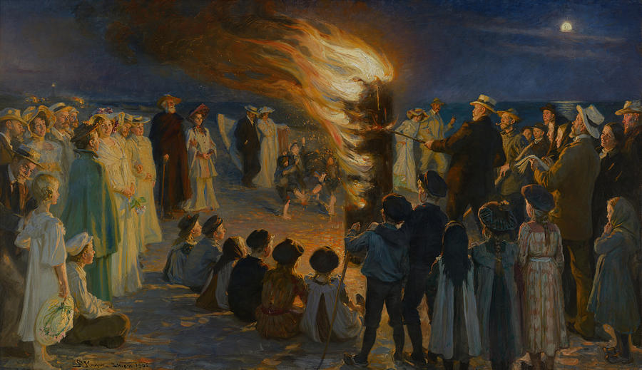 Midsummer Eve Bonfire on Skagen Beach  #1 Painting by Celestial Images