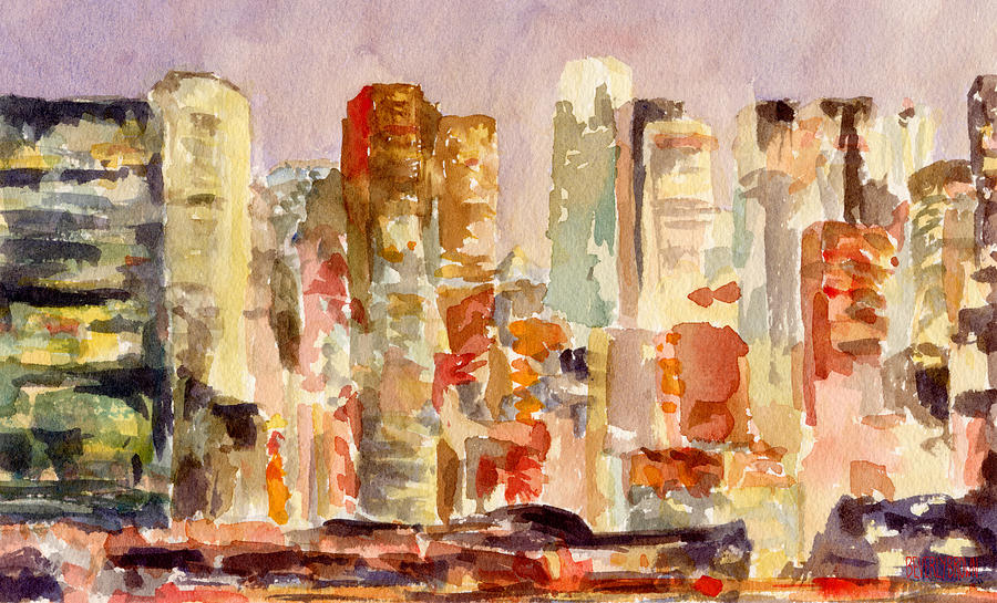 New York City Painting - Midtown Manhattan Skyline at Dusk Watercolor Painting of NYC by Beverly Brown