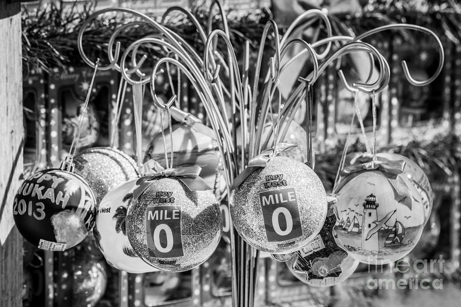 Black And White Photograph - Mile Marker 0 Christmas Decorations Key West 2 - Black and White by Ian Monk