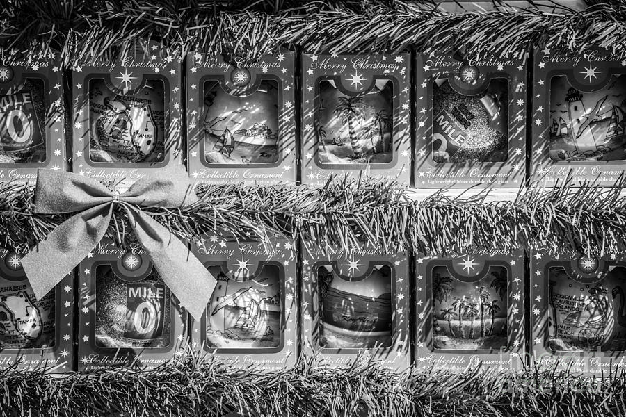 Black And White Photograph - Mile Marker 0 Christmas Decorations Key West 4 - Black and White by Ian Monk