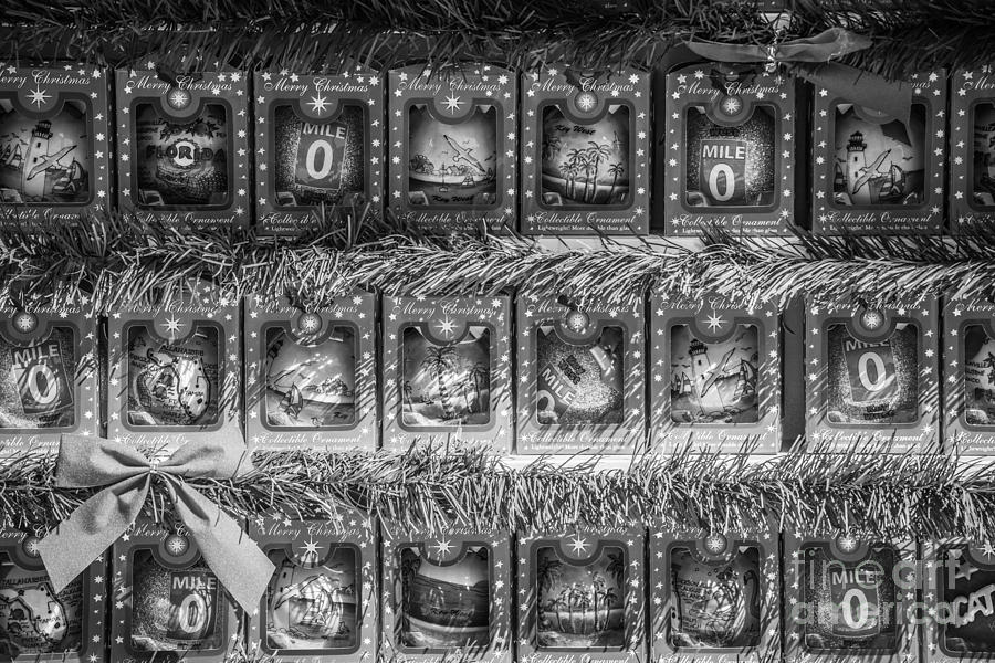 Black And White Photograph - Mile Marker 0 Christmas Decorations Key West - Black and White by Ian Monk