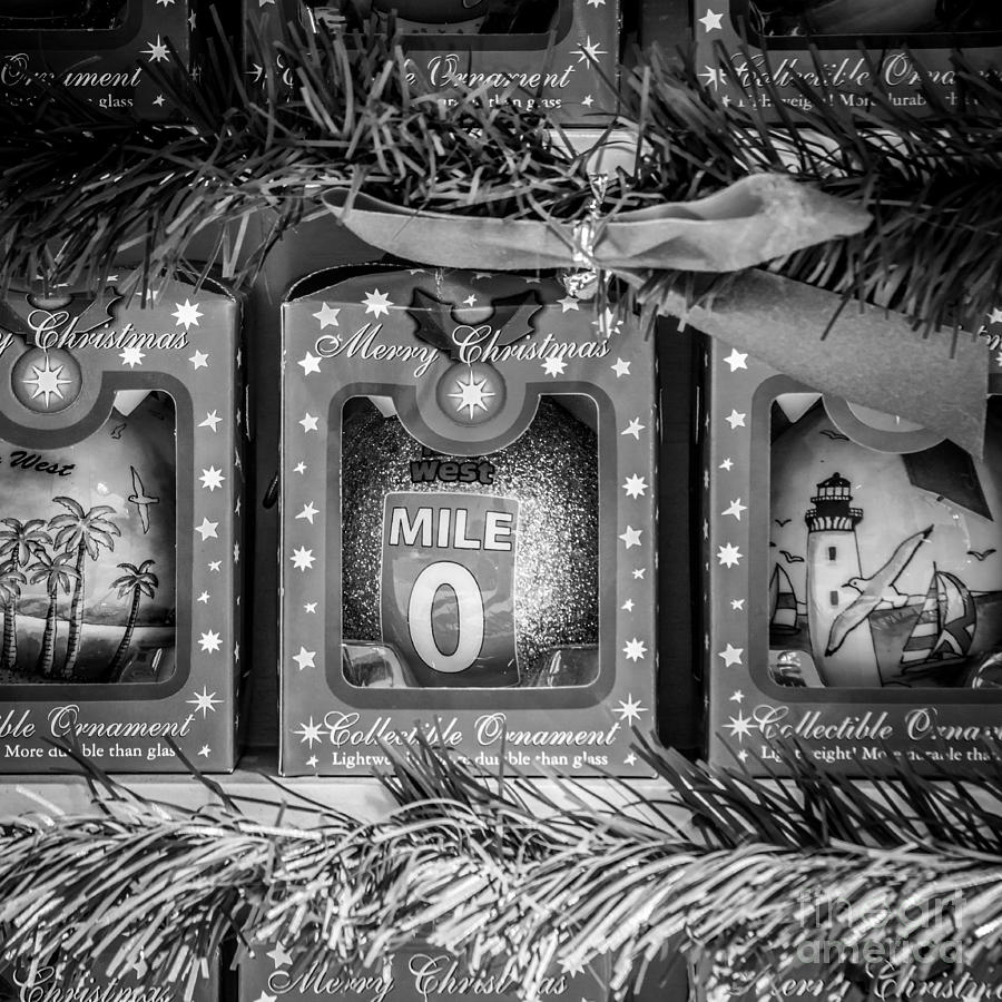 Black And White Photograph - Mile Marker 0 Christmas Decorations Key West - Square - Black and White by Ian Monk