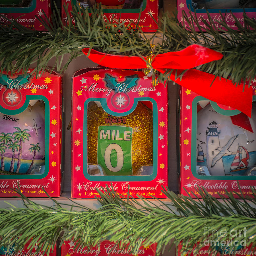 Christmas Photograph - Mile Marker 0 Christmas Decorations Key West - Square - HDR Style by Ian Monk