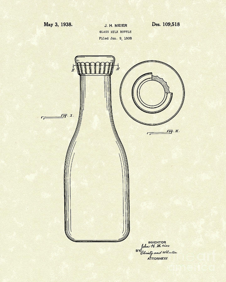 Milk Bottle 1938 Patent Art Drawing by Prior Art Design