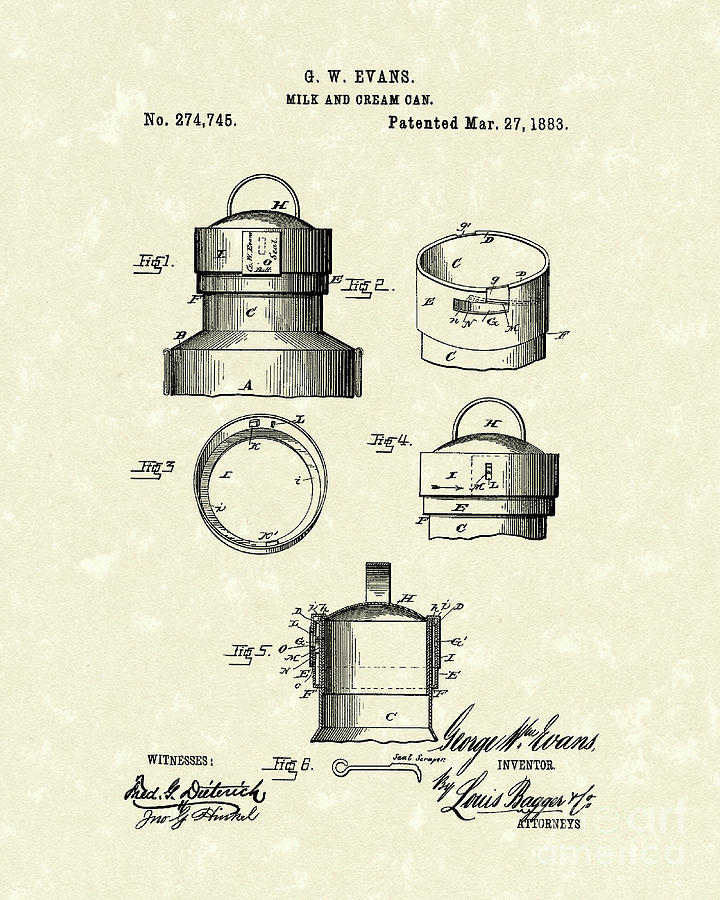 Milk Can 1883 Patent Art Drawing by Prior Art Design