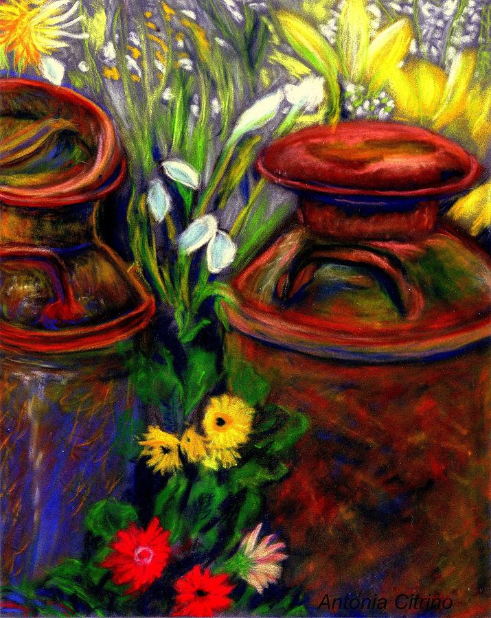 Milk Cans at Flower Show Sold Pastel by Antonia Citrino