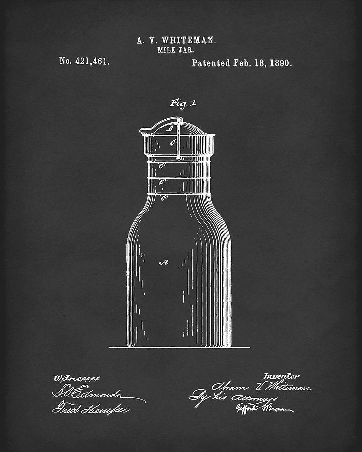 Milk Jar 1890 Patent Art Black Drawing by Prior Art Design
