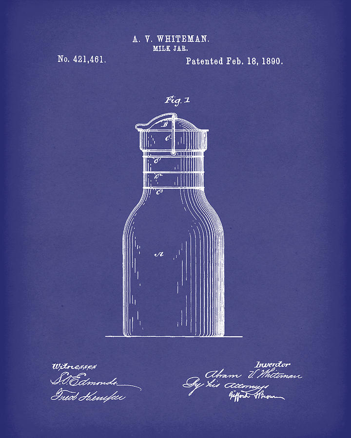 Milk Jar 1890 Patent Art Blue Drawing by Prior Art Design