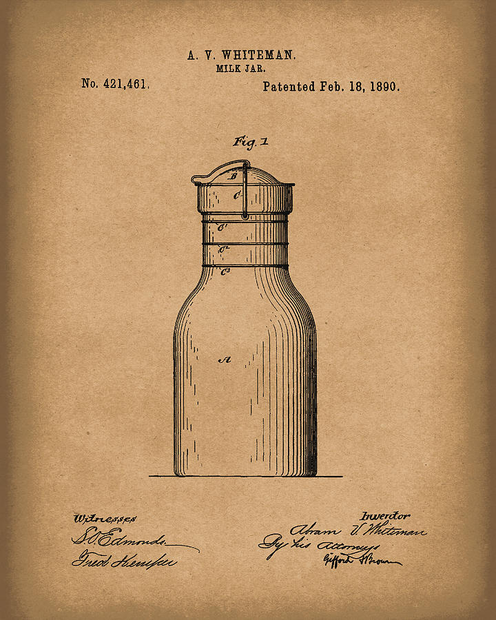 Milk Jar 1890 Patent Art Brown Drawing by Prior Art Design