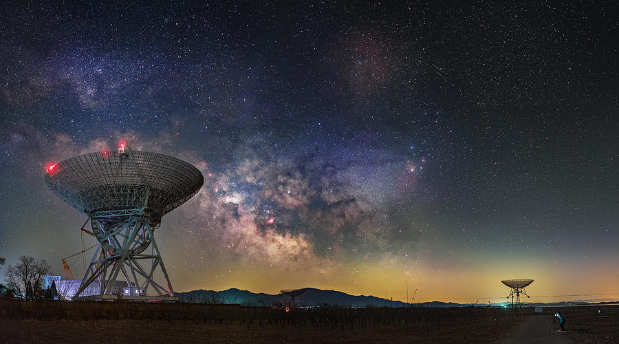 Milky way over huge radio telescopes Photograph by Haitong Yu