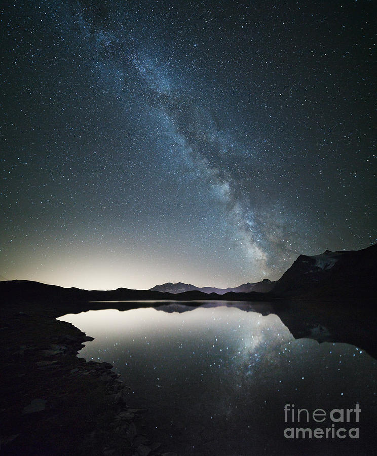 Milky way reflected in alpine lake Italy Photograph by Matteo Colombo