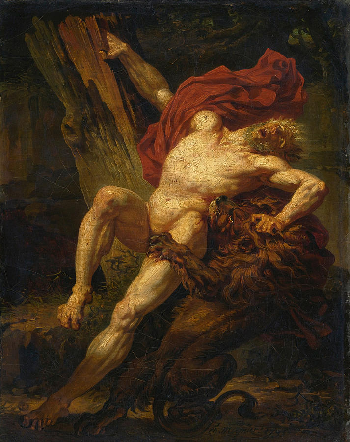 Charles Meynier   1768-1832<br /> Milon de Crotone, voulant essayer sa force, est surpris et dévoré par un lion<br /> 1795 Huile sur toile 61 x 51 cm<br /> Musée des Beaux-Arts de Montréal