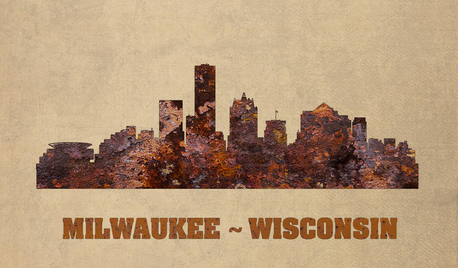 Milwaukee Mixed Media - Milwaukee City Skyline Rusty Metal Shape on Canvas by Design Turnpike