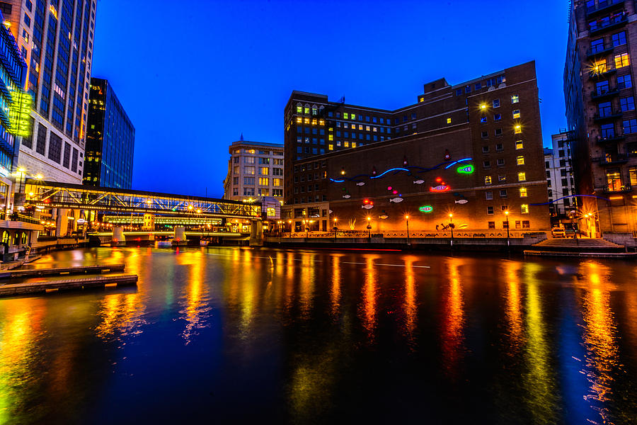 Architecture Photograph - Milwaukee River Blue Hour by Randy Scherkenbach