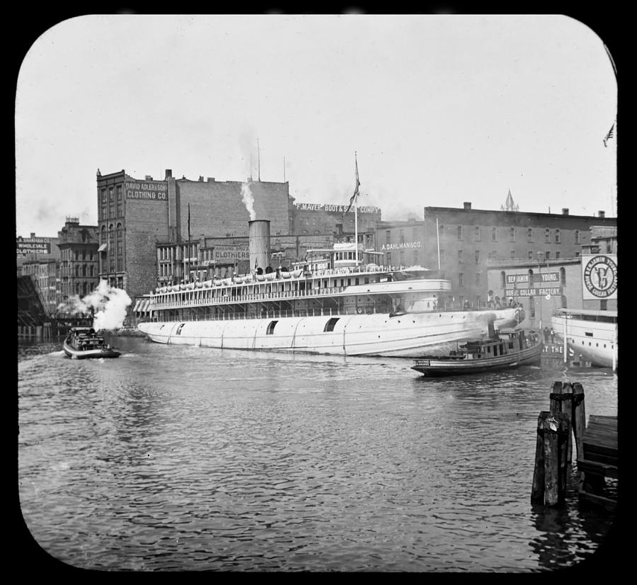 Milwaukee River Downtown Milwaukee c 1915 Vintage Photograph Photograph by A Macarthur Gurmankin