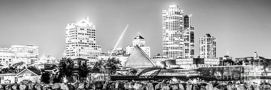 Milwaukee Skyline at Night Panorama in Black and White Photograph by Paul Velgos