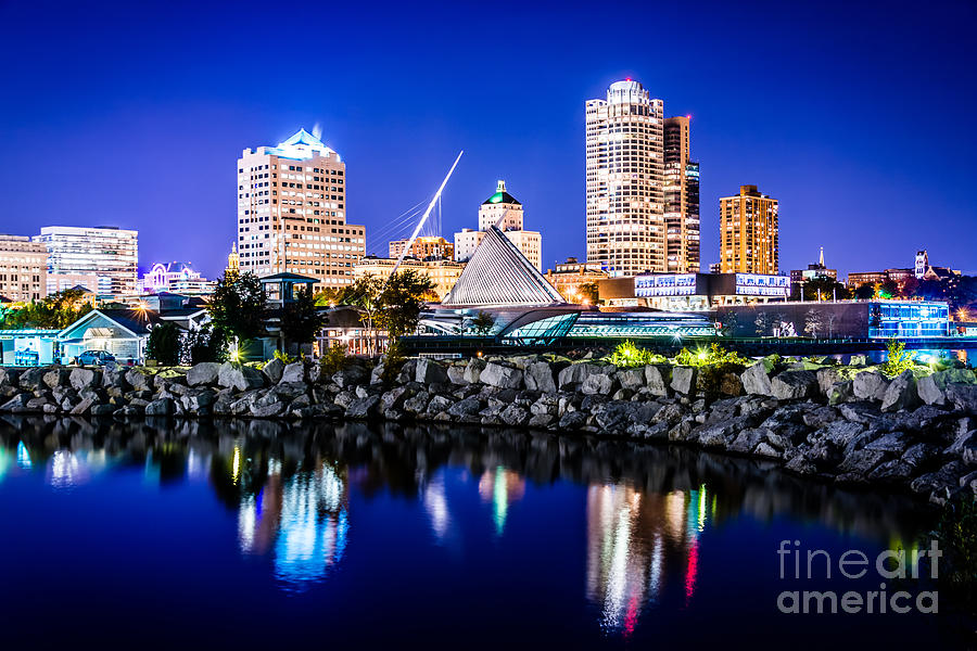 Milwaukee Skyline at Night Photo in Blue Photograph by Paul Velgos