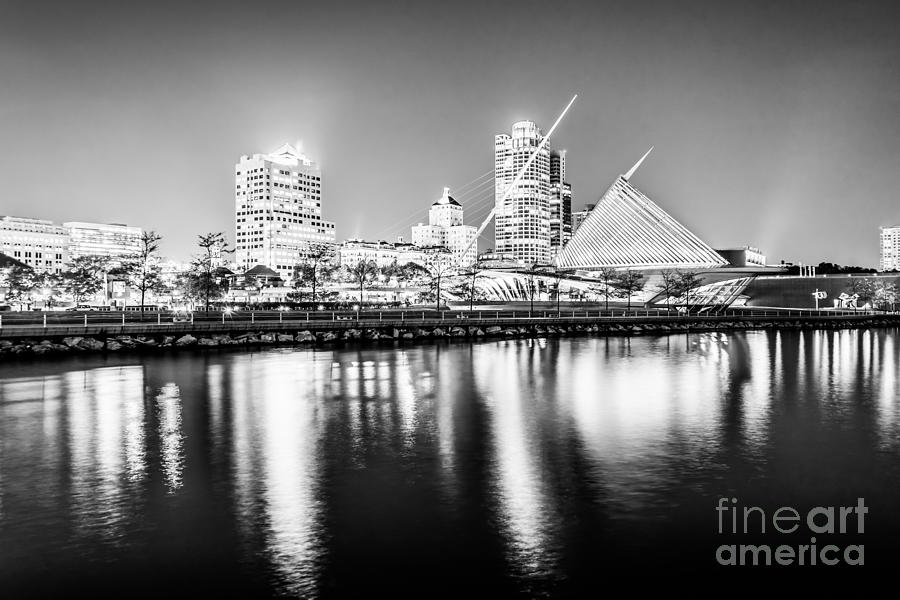 Milwaukee Skyline at Night Picture in Black and White Photograph by Paul Velgos