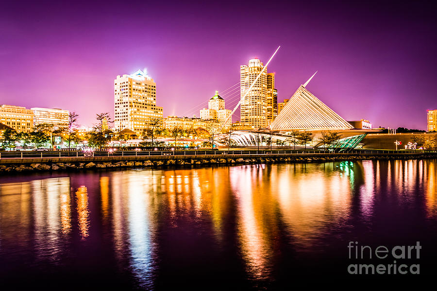 Milwaukee Skyline at Night Picture in Purple Photograph by Paul Velgos
