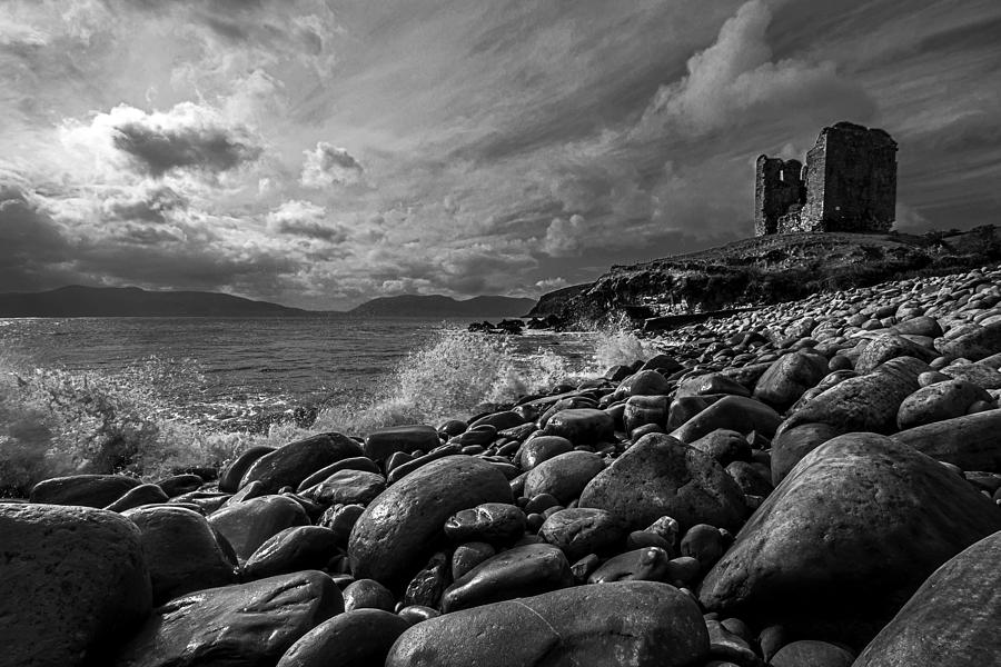 Minard Castle on Storm Beach -black and white Photograph by Danny Mongosa
