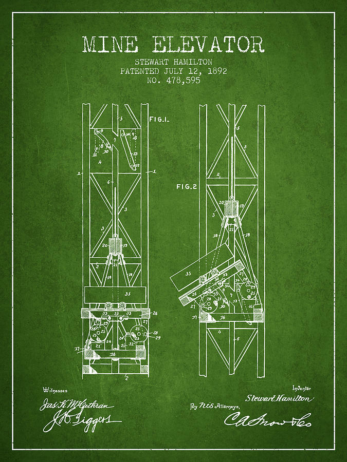 Vintage Digital Art - Mine Elevator Patent from 1892 - Green by Aged Pixel