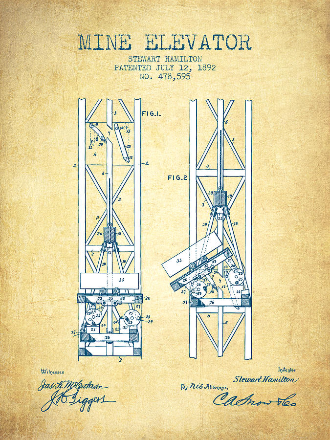 Vintage Drawing - Mine Elevator Patent from 1892 - Vintage Paper by Aged Pixel