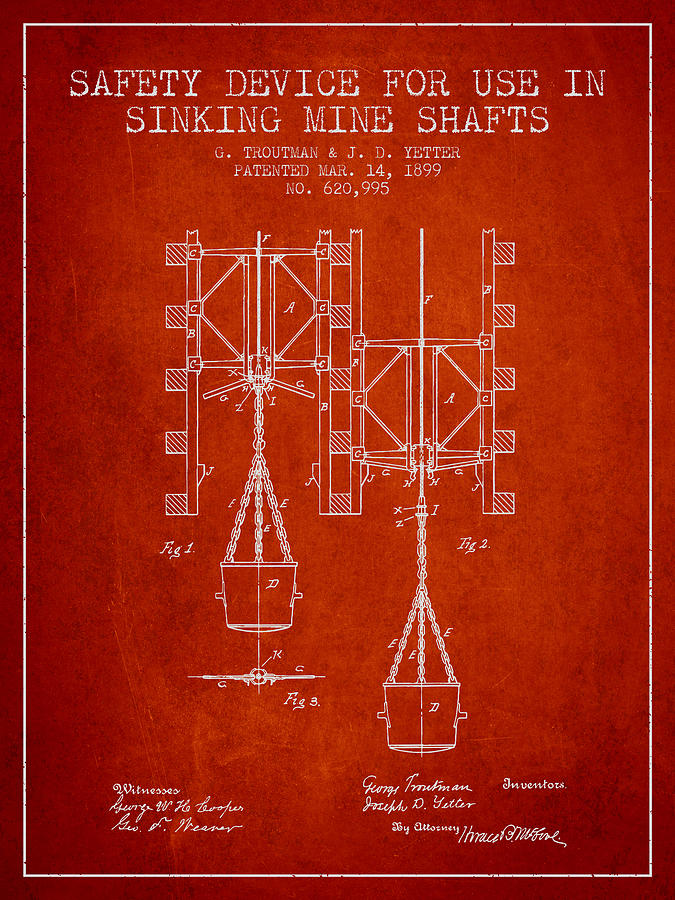 Vintage Digital Art - Mine Shaft Safety Device Patent from 1899 - Red by Aged Pixel