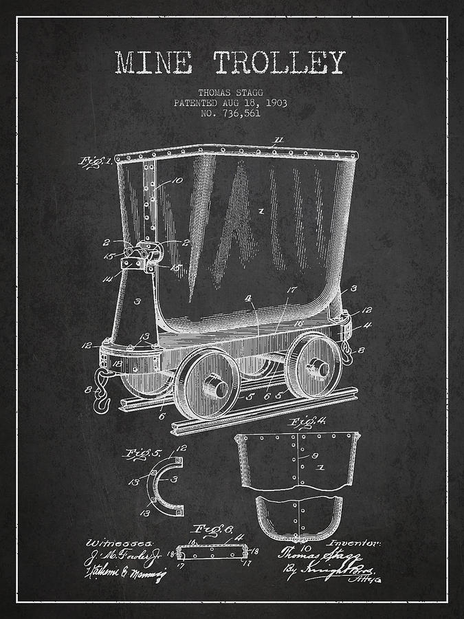 Vintage Digital Art - Mine Trolley Patent Drawing From 1903 - Dark by Aged Pixel