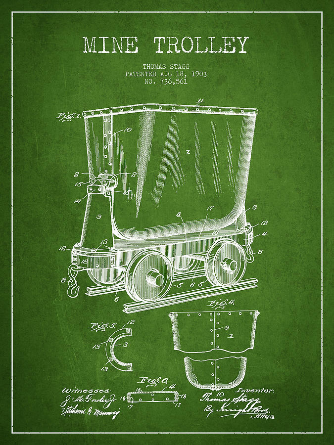 Vintage Digital Art - Mine Trolley Patent Drawing From 1903 - Green by Aged Pixel