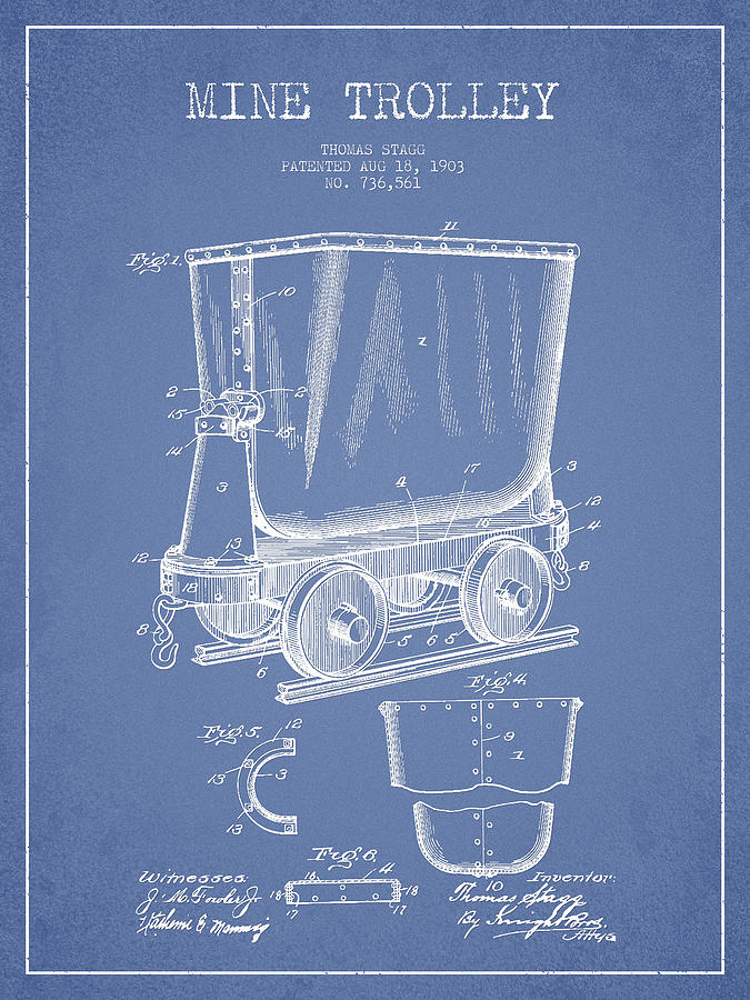 Vintage Digital Art - Mine Trolley Patent Drawing From 1903 - Light Blue by Aged Pixel
