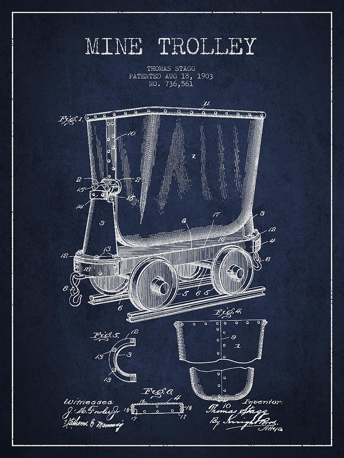 Vintage Digital Art - Mine Trolley Patent Drawing From 1903 - Navy Blue by Aged Pixel