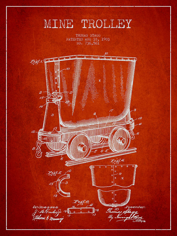Vintage Digital Art - Mine Trolley Patent Drawing From 1903 - Red by Aged Pixel