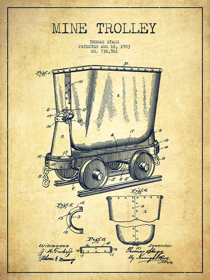 Vintage Digital Art - Mine Trolley Patent Drawing From 1903 - Vintage by Aged Pixel