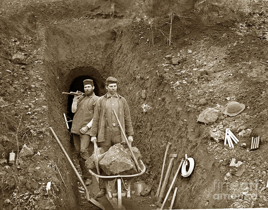 Gold Mine Photograph - Miners by mine shaft opening California circa 1900 by Monterey County Historical Society