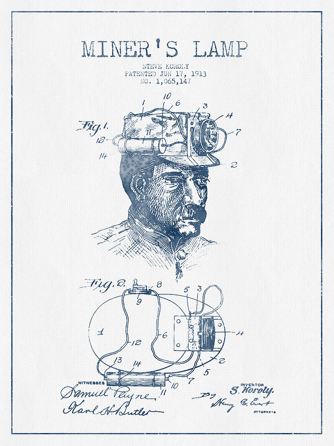 Vintage Digital Art - Miners Lamp Patent Drawing From 1913- Blue Ink by Aged Pixel