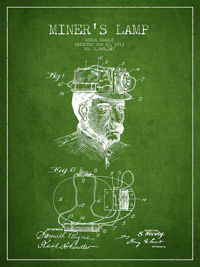Vintage Digital Art - Miners Lamp Patent Drawing From 1913 - Green by Aged Pixel