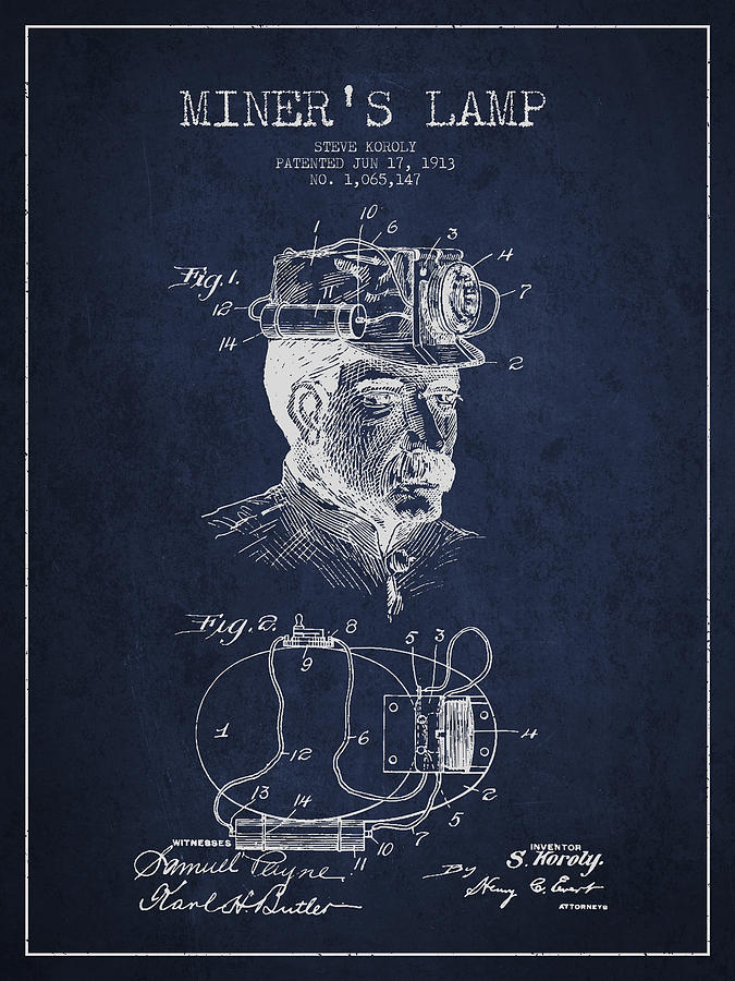 Vintage Digital Art - Miners Lamp Patent Drawing From 1913 - Navy Blue by Aged Pixel