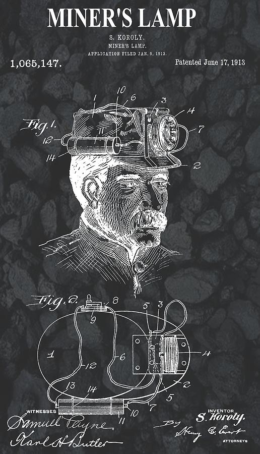 Miners Lamp Mixed Media - Miners Lamp Patent On Coal by Dan Sproul Miners Lamp Mixed Media - Miners Lamp Patent On Coal by Dan Sproul
