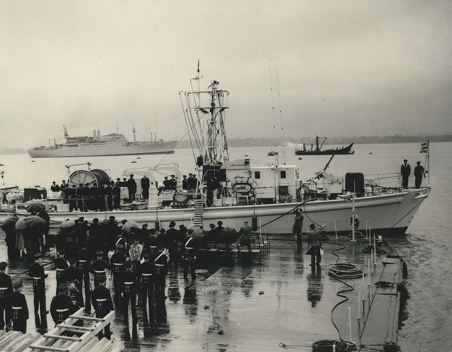 Vintage Photograph - Minesweeper Handed Over To French Navy At Hythe. Boilt In Britain Under N. A. T. O. Programme. by Retro Images Archive