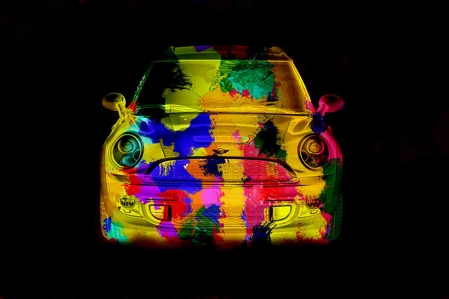 Abstract Painting - Mini Cooper colorful abstract on black by Eti Reid